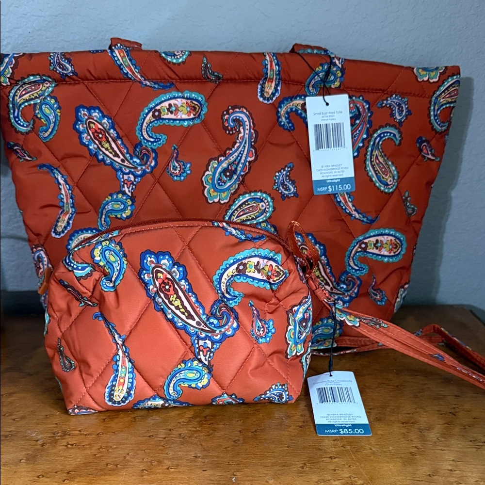 Vera Bradley Orange Paisley Quilted Tote and Camera bag Crossbody Set